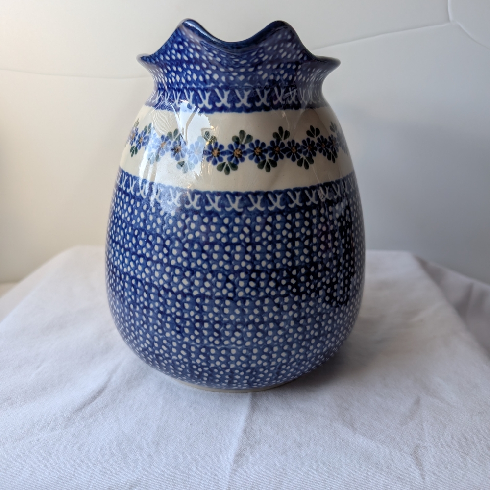 Polish Pottery Blue Floral Cream Ceramic Pitcher - Picture 4 of 9